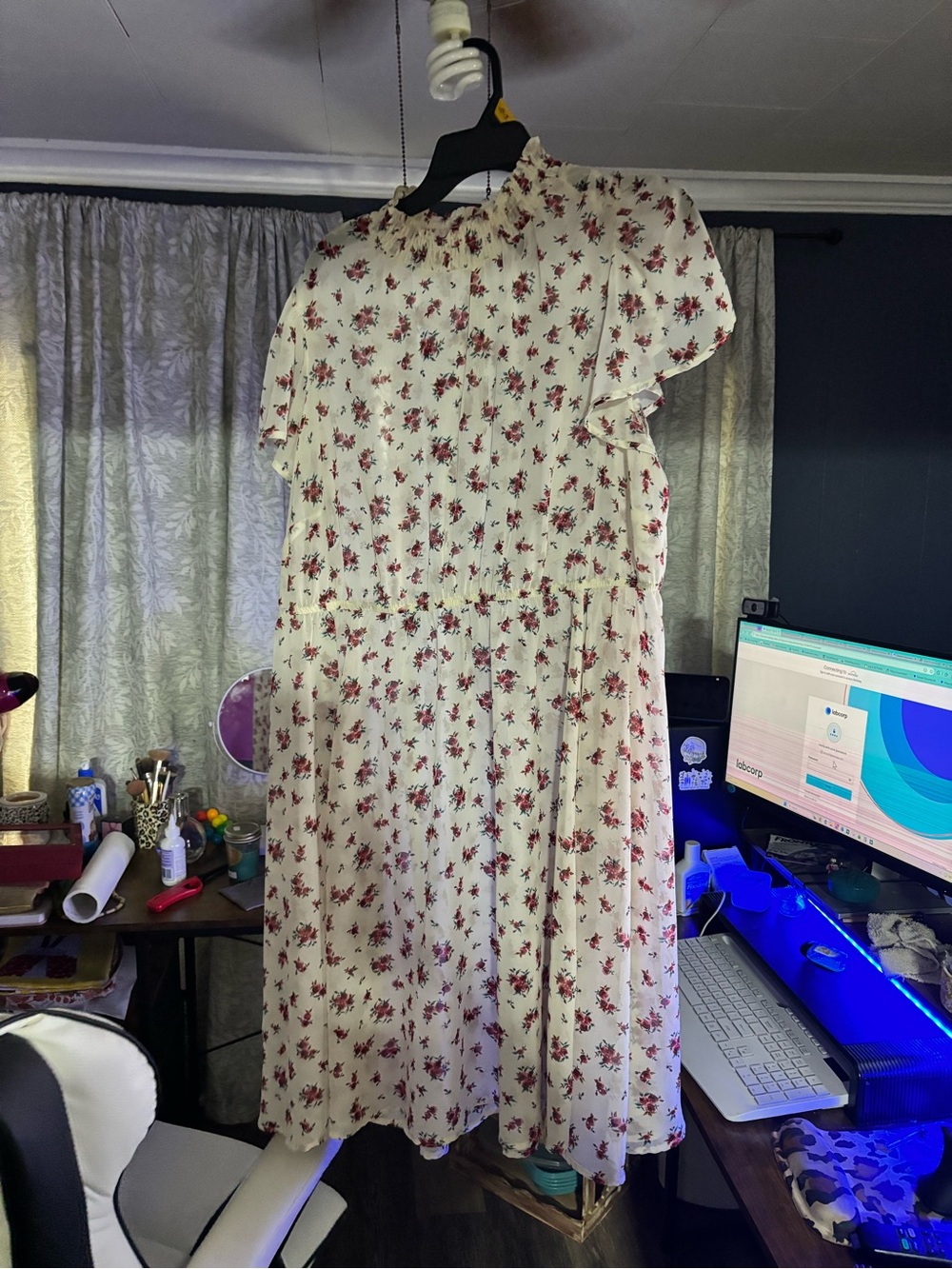 Cream Midi Dress with Pink Rose Print and Ruffle Neck